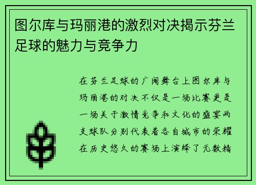 图尔库与玛丽港的激烈对决揭示芬兰足球的魅力与竞争力